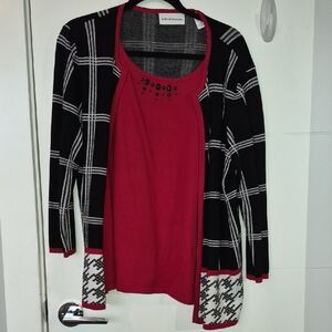 Alfred Dunner Red Tank with Black & White Plaid Cardigan